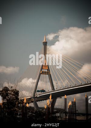 Bangkok, thailand - 12 Mar, 2021 : Bhumibol suspension bridge cross over Chao Phraya River at afternoon. Is one of the most beautiful bridges in Thail Stock Photo