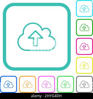 Cloud upload outline vivid colored flat icons in curved borders on white background Stock Vector