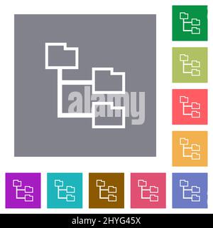 Folder structure outline flat icons on simple color square backgrounds Stock Vector