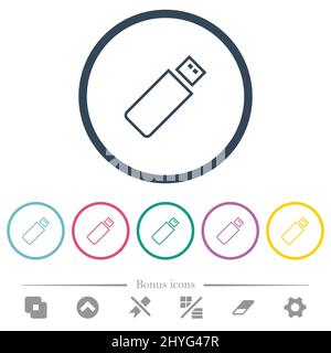 Pendrive outline flat color icons in round outlines. 6 bonus icons included. Stock Vector