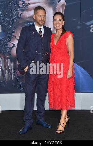 Tom Hardy and Kelly Marcel arriving for the 'Venom' premiere held at Regency Village Theatre in Westwood, Los Angeles on October 1, 2018 Stock Photo