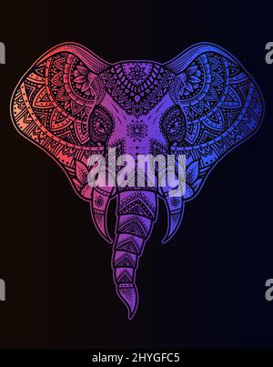 illustration elephant mandala style with neon color Stock Vector