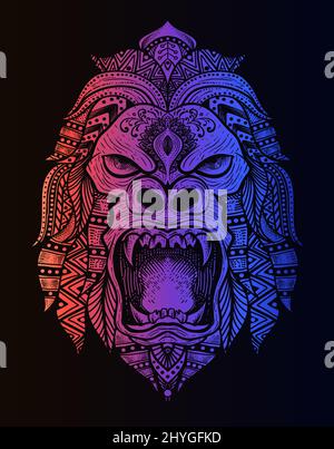 illustration gorilla mandala style with neon color Stock Vector