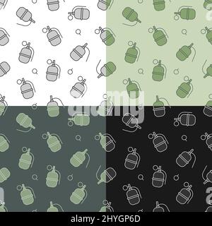 set of seamless patterns with Combat offensive defensive grenade with ring. Ornament for decoration and printing on fabric. Design element. Vector Stock Vector