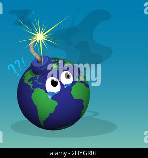 Cartoon planet earth in the form of bomb with burning wick is crying from war. NO WAR concept. Realistic vector Stock Vector