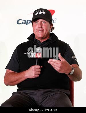 Phil Mickelson during a press conference before 'The Match' at Shadow Creek Golf Course, in Las Vegas, Nevada Stock Photo