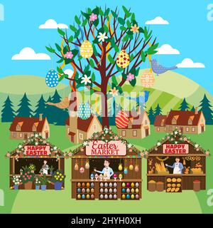 Easter Market poster, Holiday City Spring Fair. Easter Tree wooden stalls decorated flowers, colored Easter eggs, bunny, baking. Europe village Stock Vector