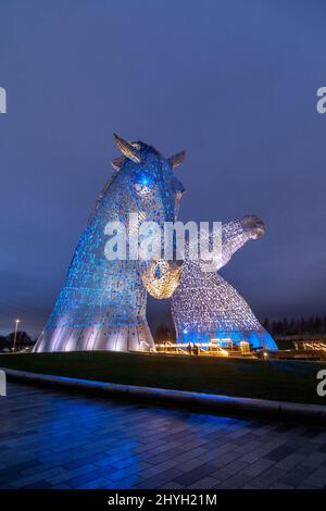 The Kelpies, giant horse head sculptures, at night. Stock Photo