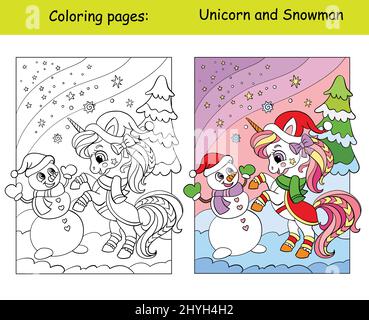 Cute and funny unicorn with a snowman on a winter background. Coloring book page with color template. Vector cartoon illustration. For kids coloring, Stock Vector