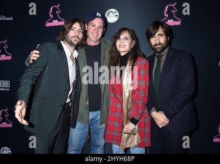 Jason Schwartzman, Matthew Shire, Talia Shire and Robert Schwartzman attending The Unicorn Premiere in Los Angeles Stock Photo