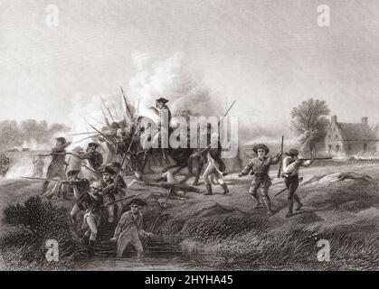 Scottish-American General William Alexander, also known as Lord Stirling, at the Battle of Long Island, August 27, 1776 during the American Revolutionary War.  In the picture the outnumbered and outflanked Americans under Stirling's command are forced to retreat across Gowanus Creek. After a 19th century engraving. Stock Photo