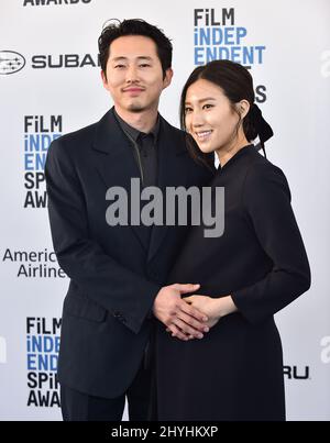 Steven Yeun and Joana Pak at the 2019 Film Independent Spirit Awards held on Santa Monica Beach on February 23, 2019 in Santa Monica, CA. Stock Photo