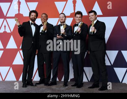 Bob Persichetti, Peter Ramsey, Rodney Rothman, Phil Lord and Christopher Miller at the '91st Annual Academy Awards' - Press Room held at the Dolby Theatre Stock Photo