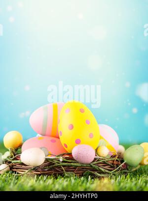 Multi coloured easter eggs in nest on meadow. Happy Easter greeting card. Stock Photo