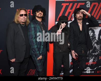 Motley Crue, Vince Neil, Nikki Sixx, Mick Mars and Tommy Lee at Netflix's 'The Dirt' world premiere held at the Arclight Hollywood Cinerama Dome on March 18, 2019 in Hollywood, CA. Stock Photo