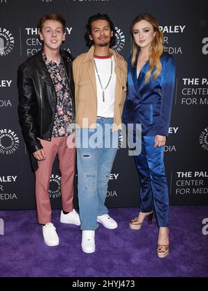 Jacob Bertrand, Xolo Mariduena and Peyton List attending the season two premiere of Cobra Kai, in Los Angeles, California Stock Photo