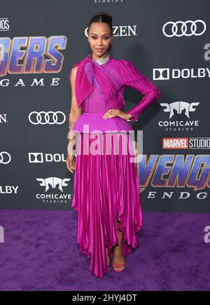 Zoe Saldana attending the world premiere of Avengers: Endgame held at the LA Convention Centre on April 22, 2019 in Los Angeles, California Stock Photo