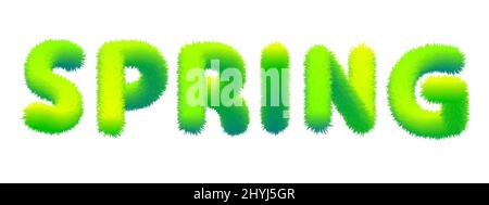 Word Spring made of fur, fluffy. Typography, text, texture, green letters, vector, isolated illustration Stock Vector