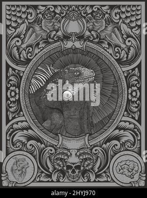 illustration vintage iguana with engraving ornament frame Stock Vector