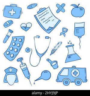 Hand drawn collection of daily necessities. Medical and health care items. Stock Vector