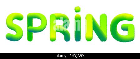 Word Spring made of fur, fluffy. Typography, text, texture, green letters, vector, isolated illustration Stock Vector