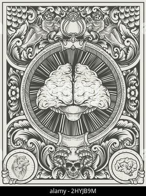 Antique illustration of human brain engraving style isolated on white ...