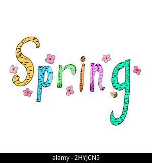 Spring banner sketched doodle hand drawn lettering. Greeting card, template, poster. Vector isolated illustration background Stock Vector