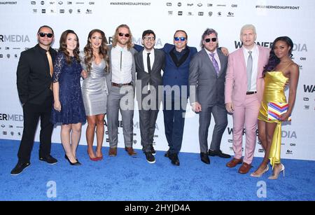 Matt Jackson, Dr. Britt Baker, 'Hangman' Adam Page, Tony Khan, Nick Jackson, Kenny Omega, Cody Rhodes and Brandi Rhodes attending the WarnerMedia Upfront 2019 held at The Theater at Madison Square Garden Stock Photo