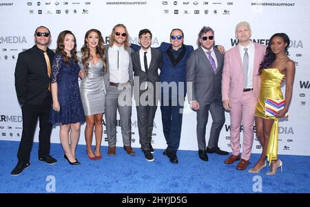 Matt Jackson, Dr. Britt Baker, 'Hangman' Adam Page, Tony Khan, Nick Jackson, Kenny Omega, Cody Rhodes and Brandi Rhodes attending the WarnerMedia Upfront 2019 held at The Theater at Madison Square Garden Stock Photo