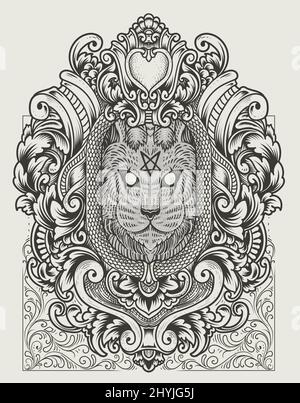 illustration vintage demon cat with engraving style Stock Vector