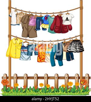 Many clothes hanging on clothesline illustration Stock Vector