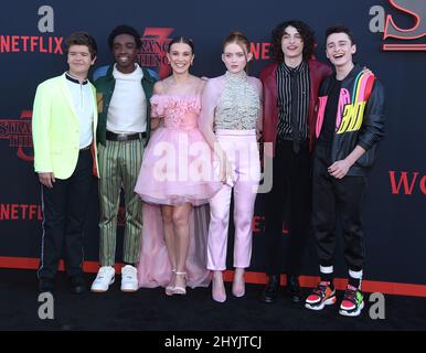 Gaten Matarazzo, Caleb McLaughlin, Millie Bobby Brown, Sadie Sink, Finn Wolfhard and Noah Schnapp at Netflix's 'Stranger Things' Season 3 premiere held at Santa Monica High School on June 28, 2019 in Santa Monica, CA. Stock Photo