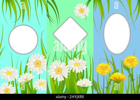 Set spring cards of floral flowers dandelions and daisies, chamomiles, grass backgrounds. Colorful spring vertical banners social media stories Stock Vector