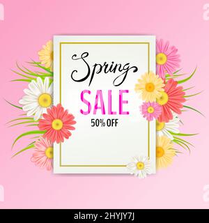 Spring Sale Banner. Hand drawn lettering. Background with chamomile, daisy, leaf and colorful flowers. Vector Design for your greetings card, flyers Stock Vector