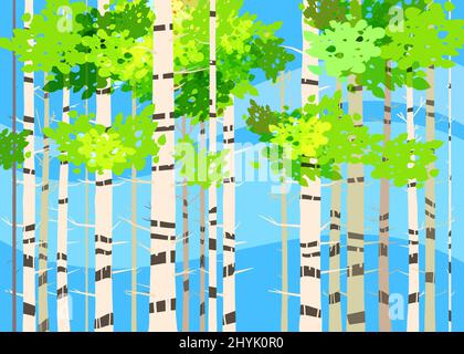 Beautiful Spring forest trees, green foliage, landscape, bushes, silhouettes of trunks, horizon. Vector cartoon style illustration template baner Stock Vector