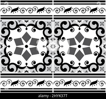 Portuguese Azulejo tile seamless vector pattern, gray retro design with frame or border, flowers, swirls and geometric shapes Stock Vector
