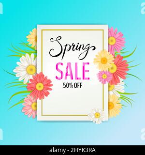 Spring Sale Banner. Hand drawn lettering. Background with chamomile, daisy, leaf and colorful flowers. Vector Design for your greetings card, flyers Stock Vector