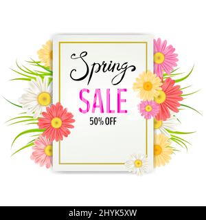 Spring Sale Banner. Hand drawn lettering. Background with chamomile, daisy, leaf and colorful flowers. Vector Design for your greetings card, flyers Stock Vector