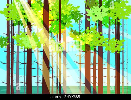 Beautiful Spring forest trees, green foliage, landscape, bushes, silhouettes of trunks, horizon. Rays of sunlight. Vector cartoon style illustration Stock Vector