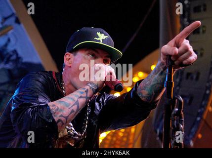 Vanilla Ice onstage at the I LOVE THE 90'S concert at the Fremont Street Experience Labor Day Weekend Concerts held on the Third Street Stage on September 1, 2019 in Las Vegas. Stock Photo