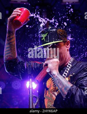 Vanilla Ice onstage at the I LOVE THE 90'S concert at the Fremont Street Experience Labor Day Weekend Concerts held on the Third Street Stage on September 1, 2019 in Las Vegas. Stock Photo