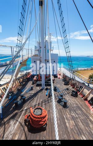 Vertical view of the deck of the whale chasing ship Cheynes IV at the Historic Whaling Station Museum, Frenchman Bay, near Albany, Western Australia, Stock Photo