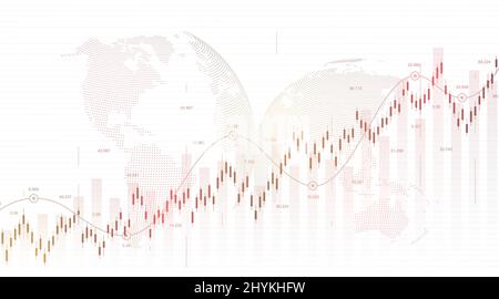 Abstract financial chart with uptrend line graph and world map on black and white color background. Business Candle stick graph chart of stock market Stock Vector