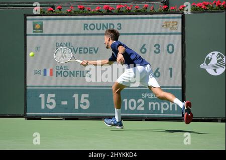 Daniil Medvedev (RUS) is defeated by Gael Monfils (FRA) 6-4, 3-6, 1-6, at the BNP Paribas Open being played at Indian Wells Tennis Garden in Indian Wells, California on March 14, 2022: © Karla Kinne/Tennisclix/CSM Stock Photo