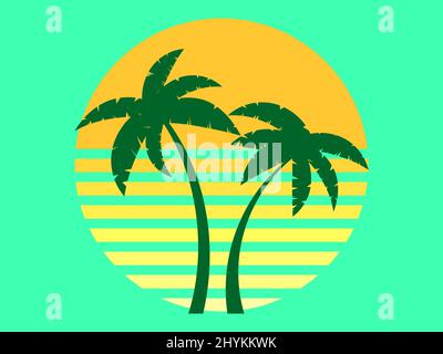 Retro futuristic palm trees in 80s style at sunset. Summer time, palm trees on the background of the sun, synthwave style. Design for advertising broc Stock Vector