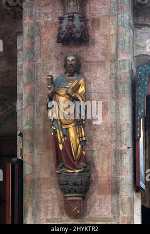 Coloured sculpture of the Apostle Bartholomew with the Drudge knife, 14th century St. Sebaldus Church, Nuremberg, Middle Franconia, Bavaria, Germany Stock Photo