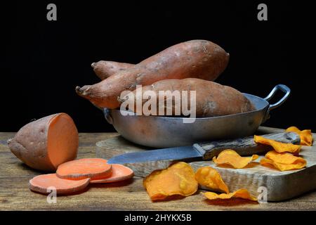 Sliced sweet potatoes (Ipomoea batatas) in skin Stock Photo