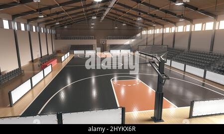 Basketball court with hoop and tribune mockup, top view Stock Photo