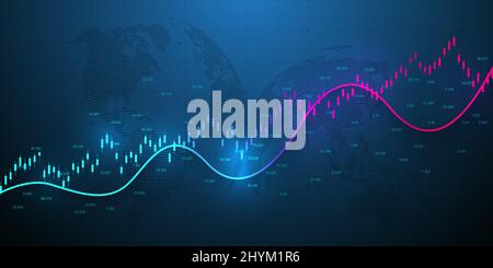 Abstract financial chart with uptrend line graph and world map on black and white color background. Business Candle stick graph chart of stock market Stock Vector