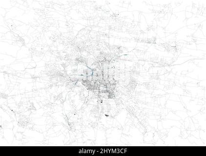 Map of Lviv, Ukraine. Buildings and city center. Aerial view. Roads and communication routes. Access points to the city. Black and white, satellite Stock Vector